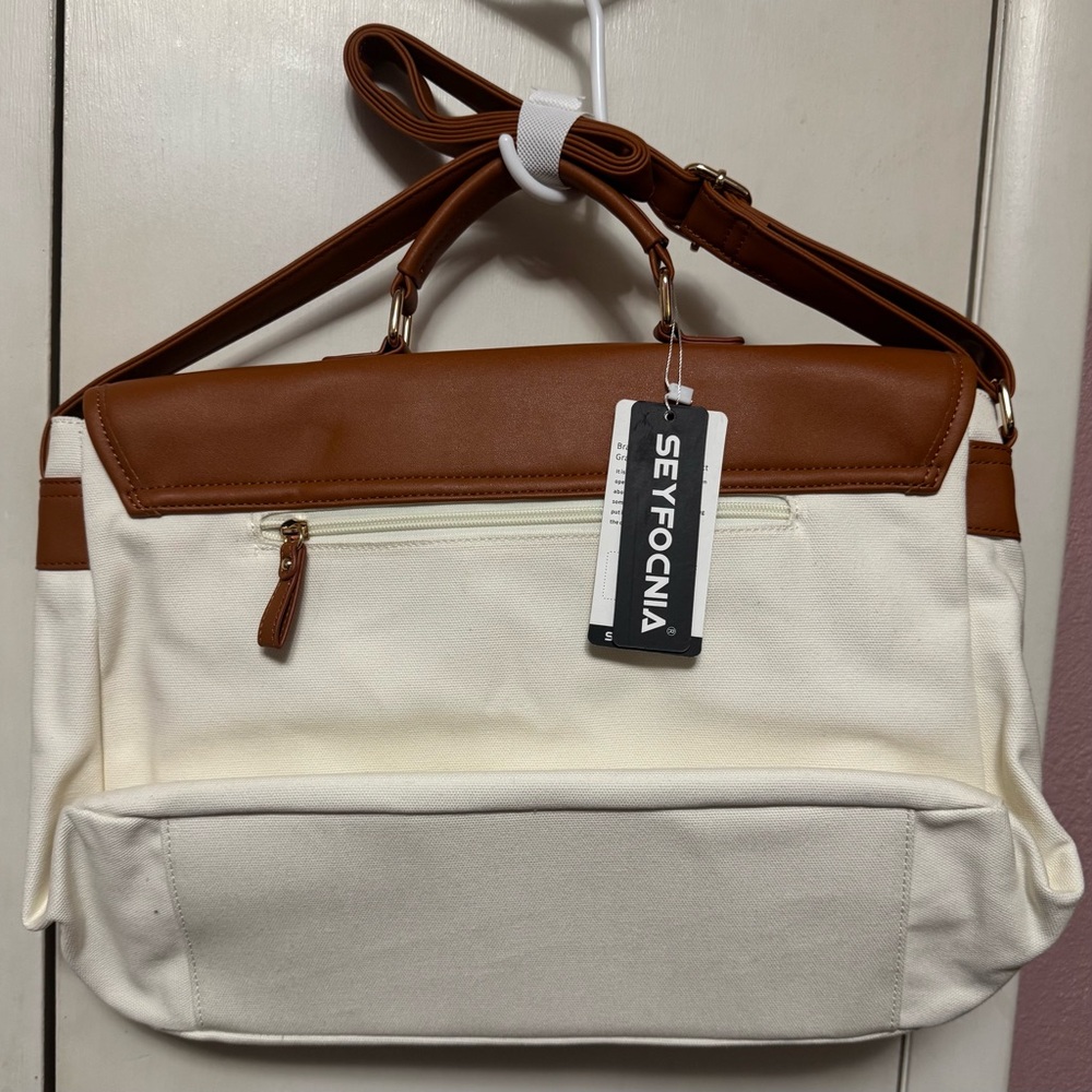 Seyfocnia White and Brown Canvas Bag